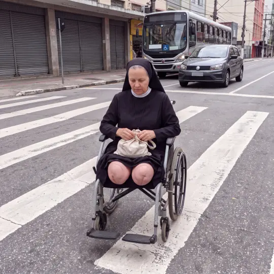Irmã Rosa atravessando a rua com as marmitas no colo